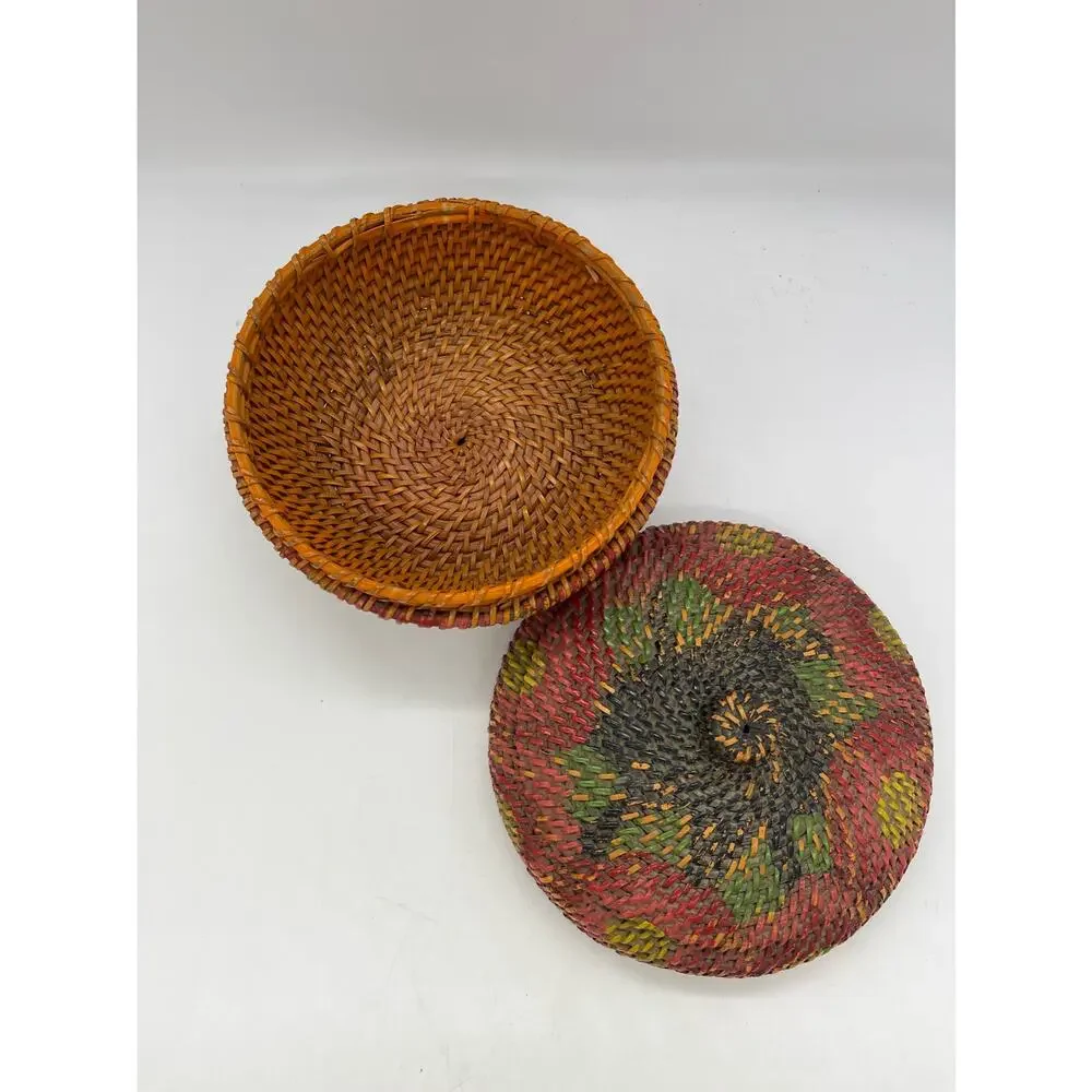 Vintage Rattan Woven Lidded Basket Painted